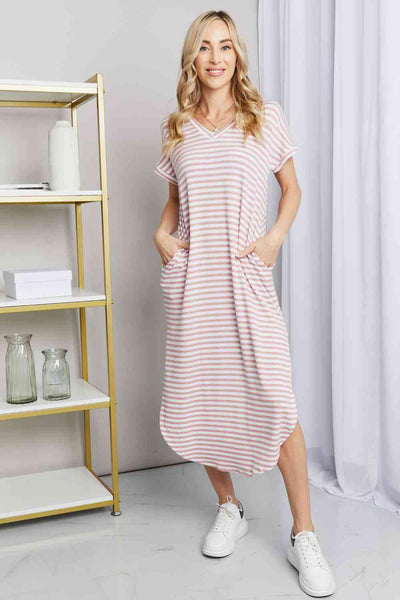 Heimish Full Size Horizontal Stripe Side Slit V-Neck Dress - AMIClubwear