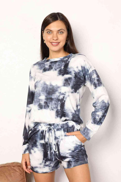 Double Take Tie-Dye Round Neck Top and Shorts Lounge Set - AMIClubwear