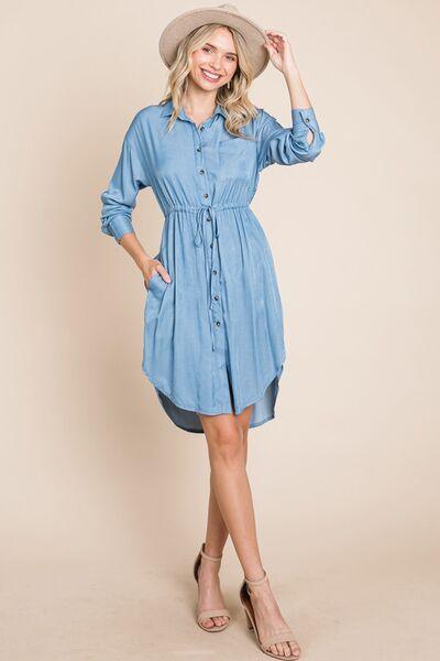 Faith Apparel Button Up Drawstring Shirt Dress - AMIClubwear