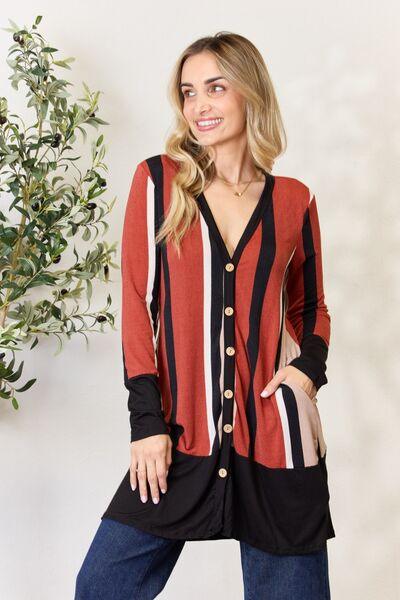 Celeste Full Size Striped Button Up Long Sleeve Cardigan - AMIClubwear
