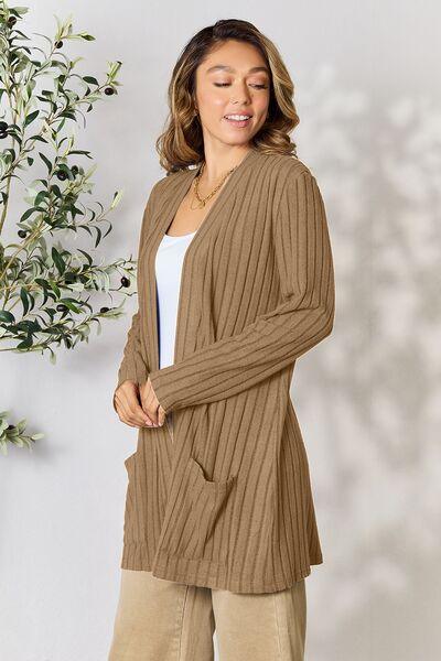 Basic Bae Full Size Ribbed Open Front Cardigan with Pockets - AMIClubwear