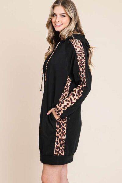 Culture Code Drawstring Leopard Long Sleeve Hooded Dress - AMIClubwear