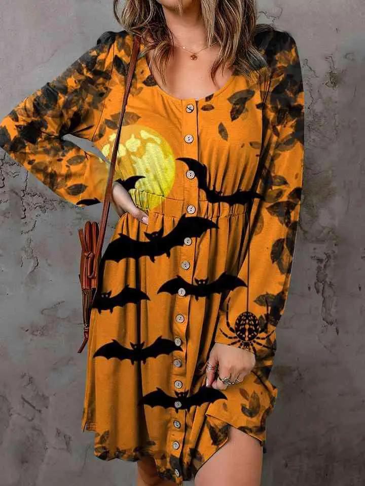 Full Size Halloween Theme Round Neck Long Sleeve Magic Dress