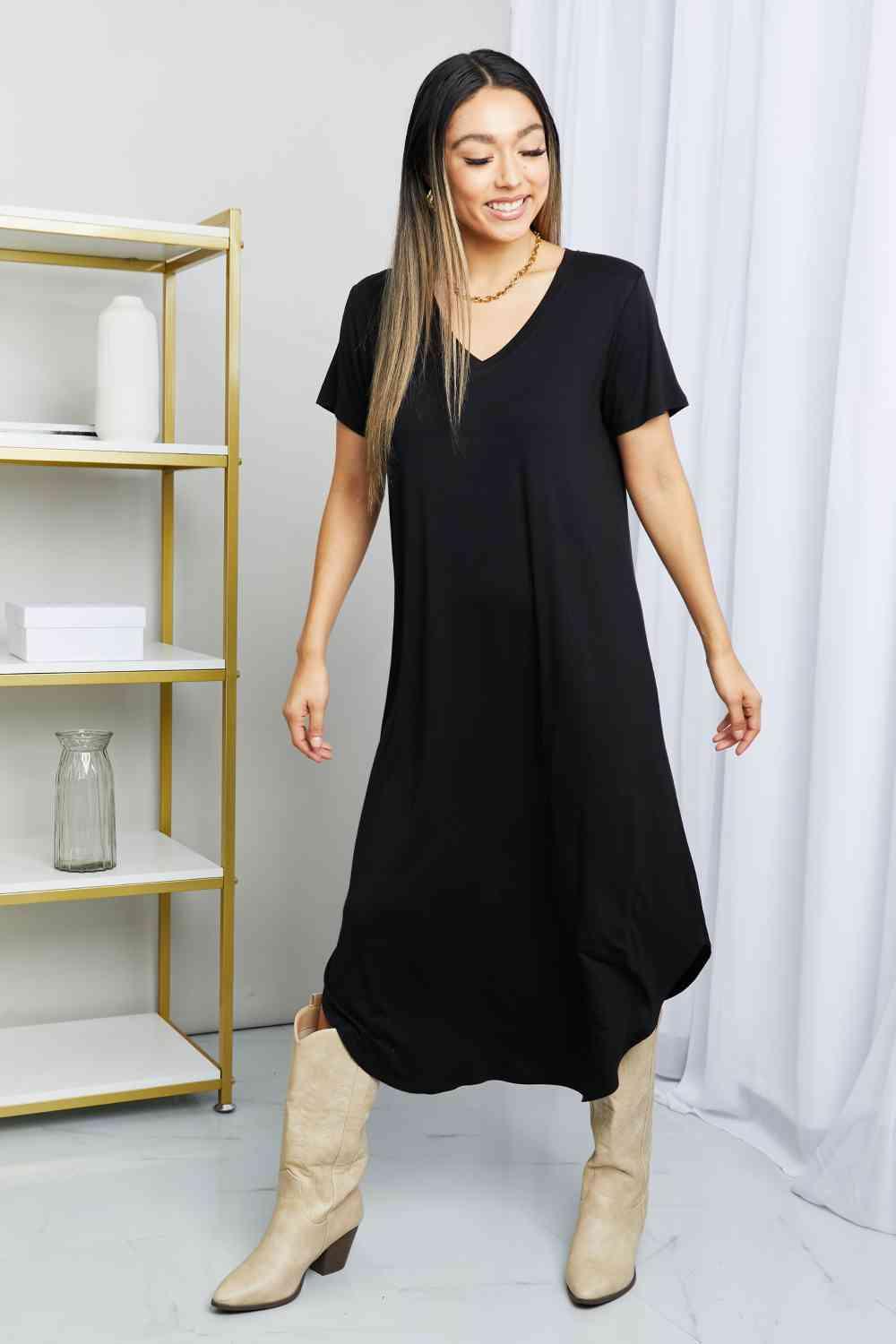 HYFVE V-Neck Short Sleeve Curved Hem Dress in Black - AMIClubwear