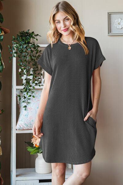 Heimish Full Size Ribbed Round Neck Short Sleeve Tee Dress - AMIClubwear