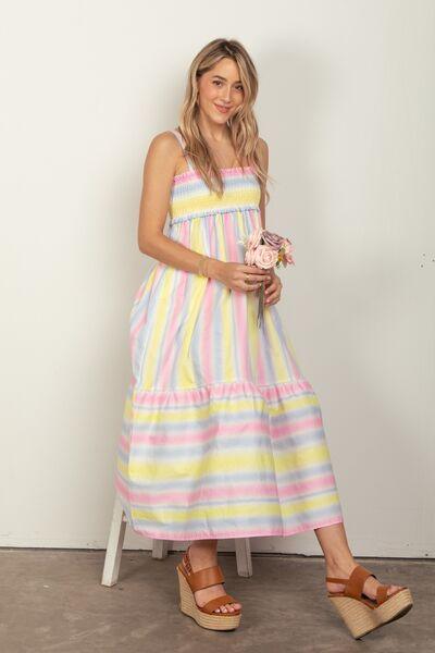 VERY J Striped Woven Smocked Midi Cami Dress - AMIClubwear