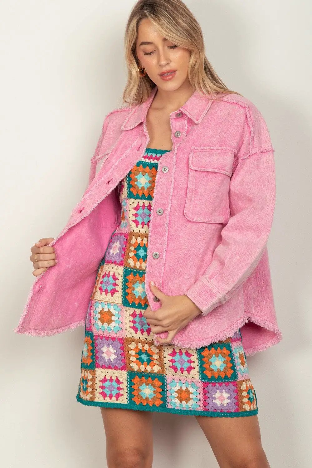 VERY J Full Size Button Up Raw Hem Long Sleeve Jacket