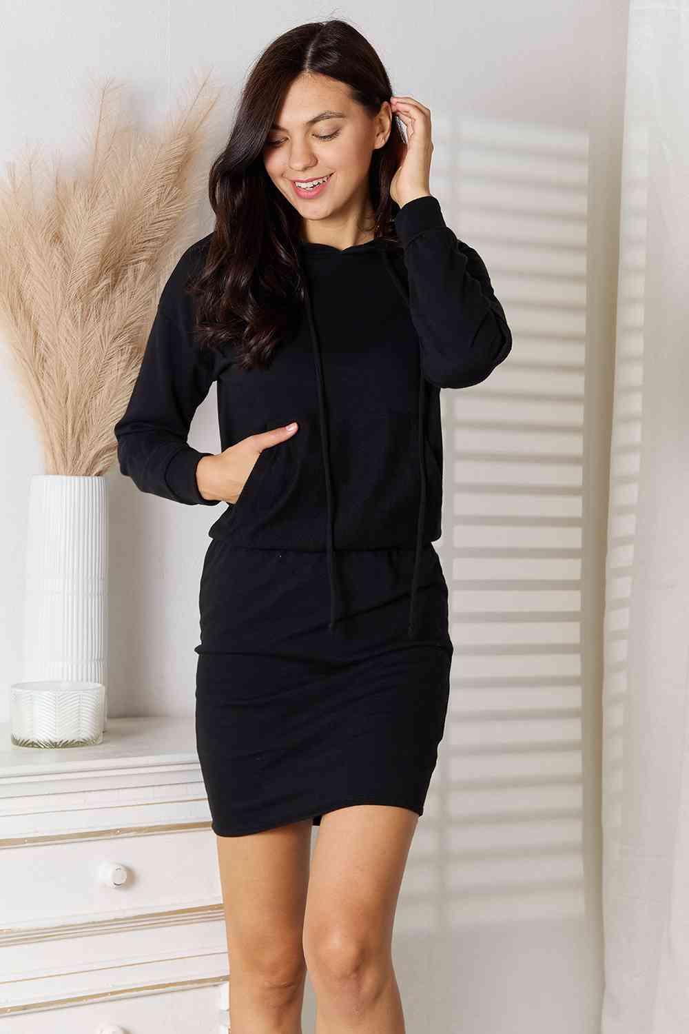 Culture Code Full Size Drawstring Long Sleeve Hooded Dress - AMIClubwear