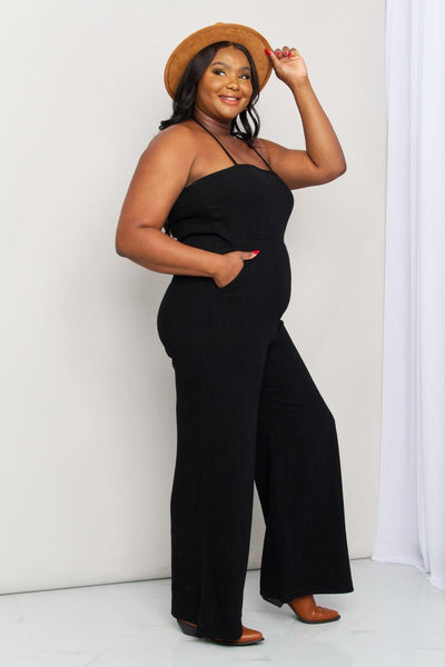 White Birch Full Size Halter Neck Wide Leg Jumpsuit with Pockets - AMIClubwear
