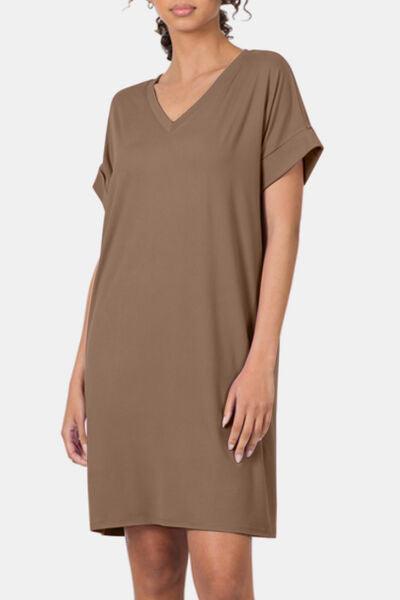 Zenana Rolled Short Sleeve V-Neck Dress - AMIClubwear