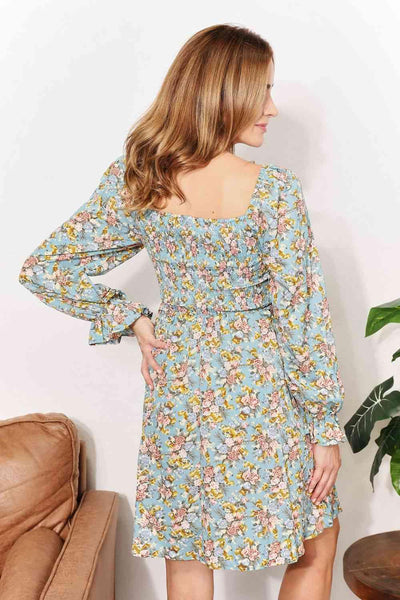 Double Take Floral Smocked Flounce Sleeve Square Neck Dress - AMIClubwear