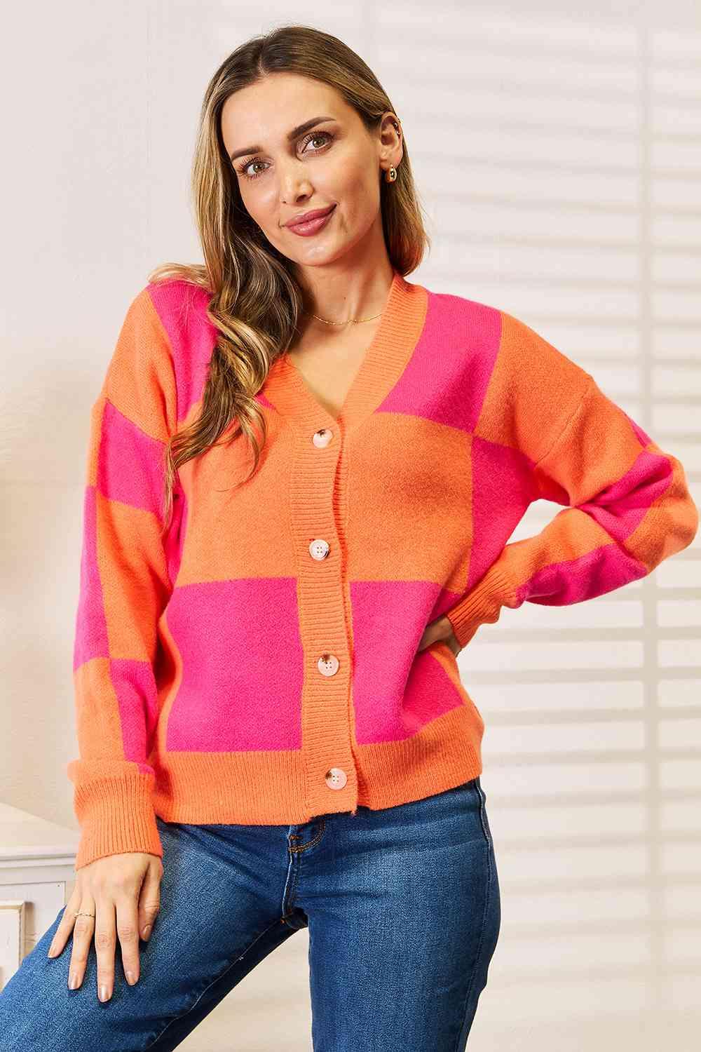 Woven Right Checkered V-Neck Dropped Shoulder Cardigan - AMIClubwear