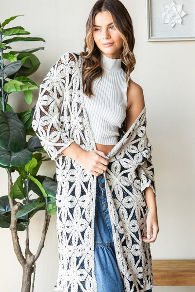 Veveret Geometric Open Front Three-Quarter Sleeve Cardigan - AMIClubwear