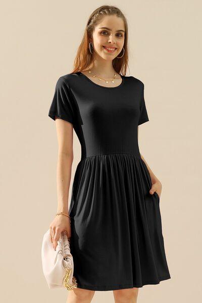 Ninexis Full Size Round Neck Ruched Dress with Pockets - AMIClubwear