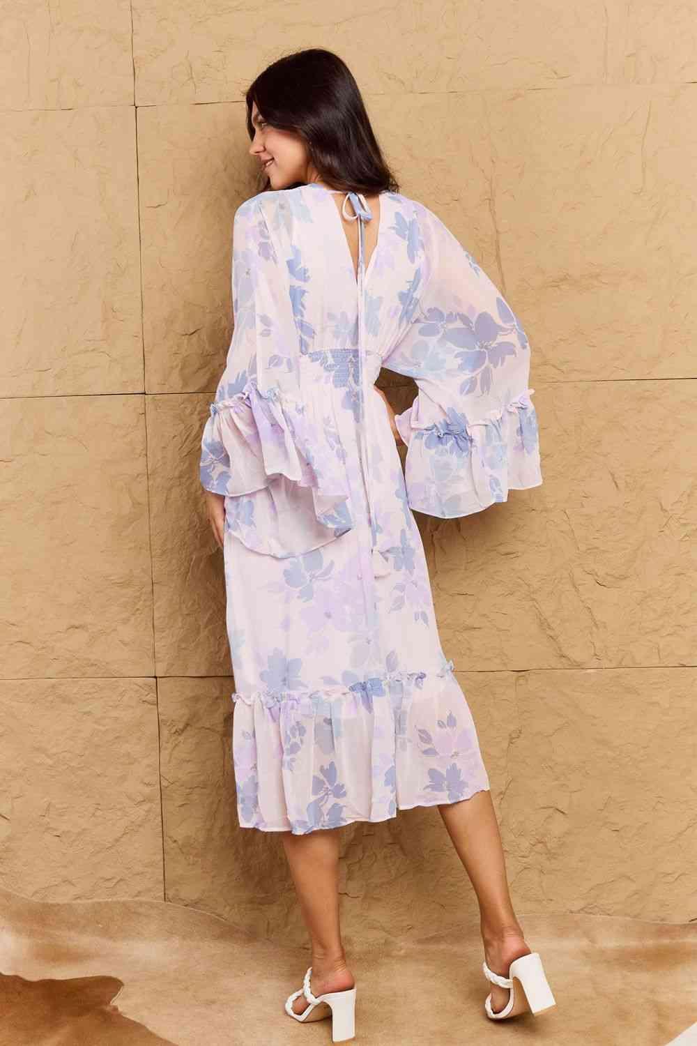 OneTheLand Take Me With You Floral Bell Sleeve Midi Dress in Blue - AMIClubwear