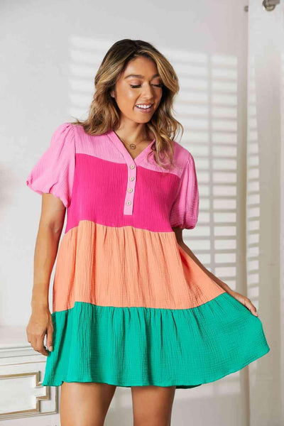 Double Take Color Block Buttoned Puff Sleeve Dress - AMIClubwear
