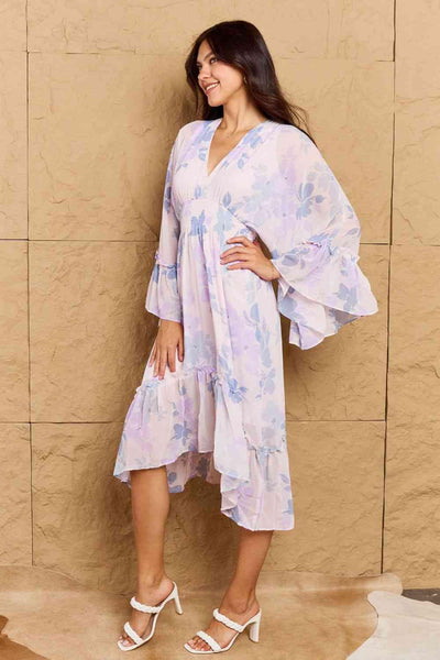 OneTheLand Take Me With You Floral Bell Sleeve Midi Dress in Blue - AMIClubwear