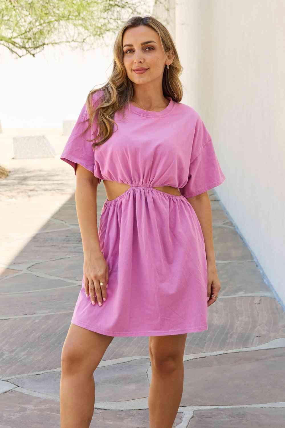 HEYSON Summer Field Full Size Cutout T-Shirt Dress in Carnation Pink - AMIClubwear