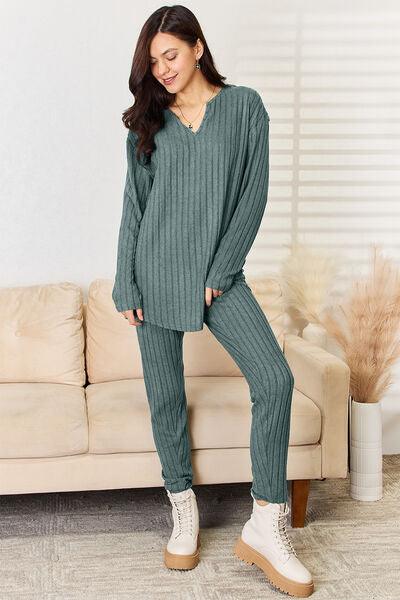 Basic Bae Full Size Notched Long Sleeve Top and Pants Set - AMIClubwear