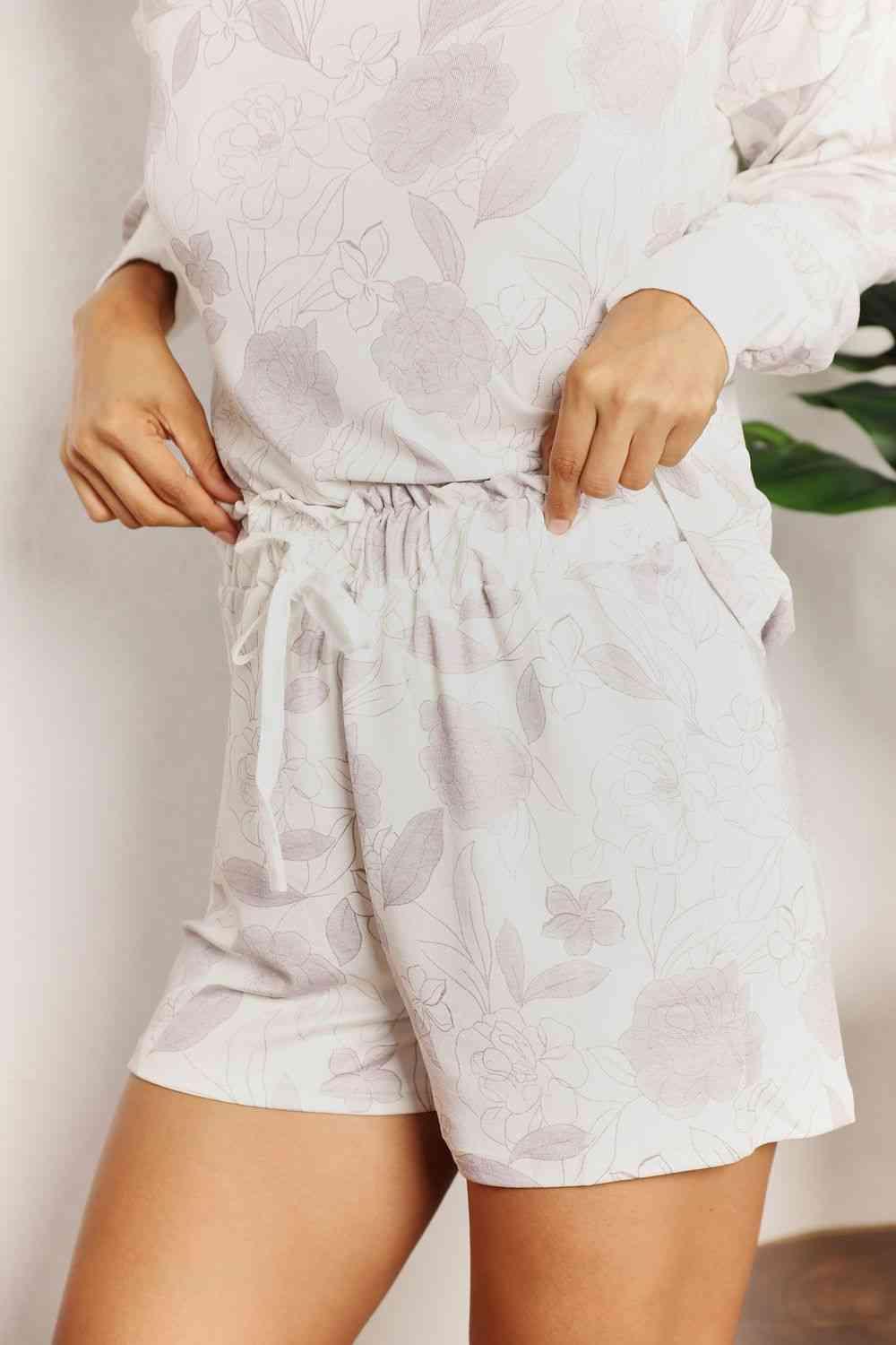Double Take Floral Long Sleeve Top and Shorts Loungewear Set - AMIClubwear