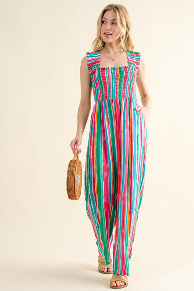 And The Why Full Size Striped Smocked Sleeveless Jumpsuit - AMIClubwear