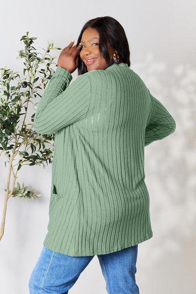 Basic Bae Full Size Ribbed Open Front Cardigan with Pockets - AMIClubwear
