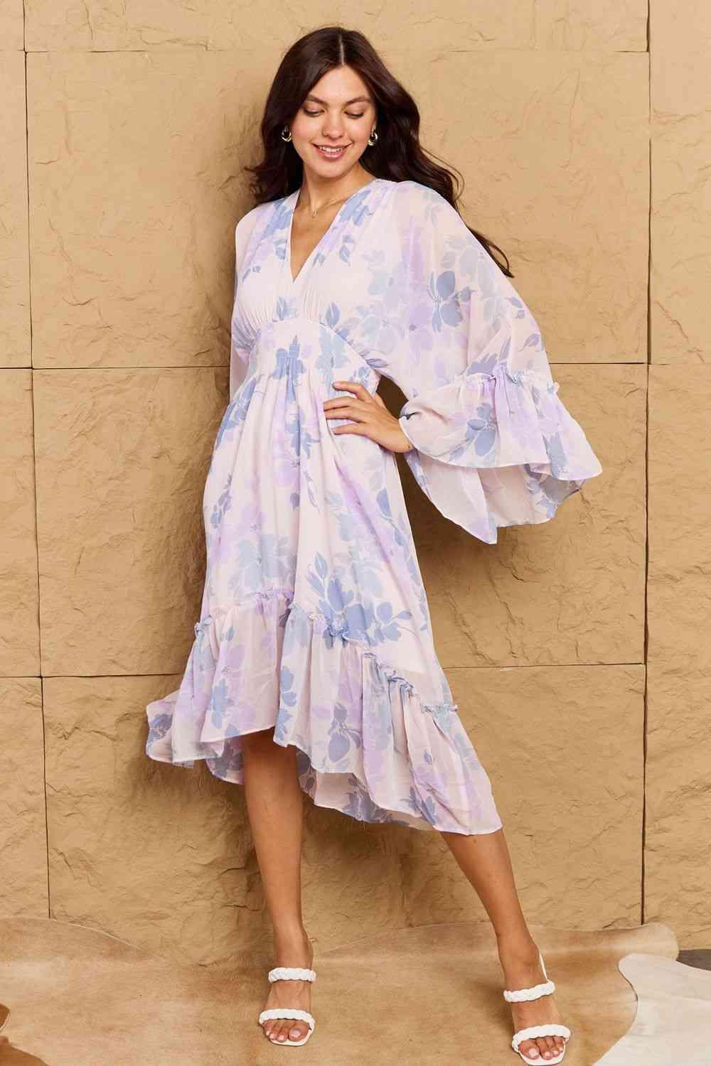 OneTheLand Take Me With You Floral Bell Sleeve Midi Dress in Blue - AMIClubwear