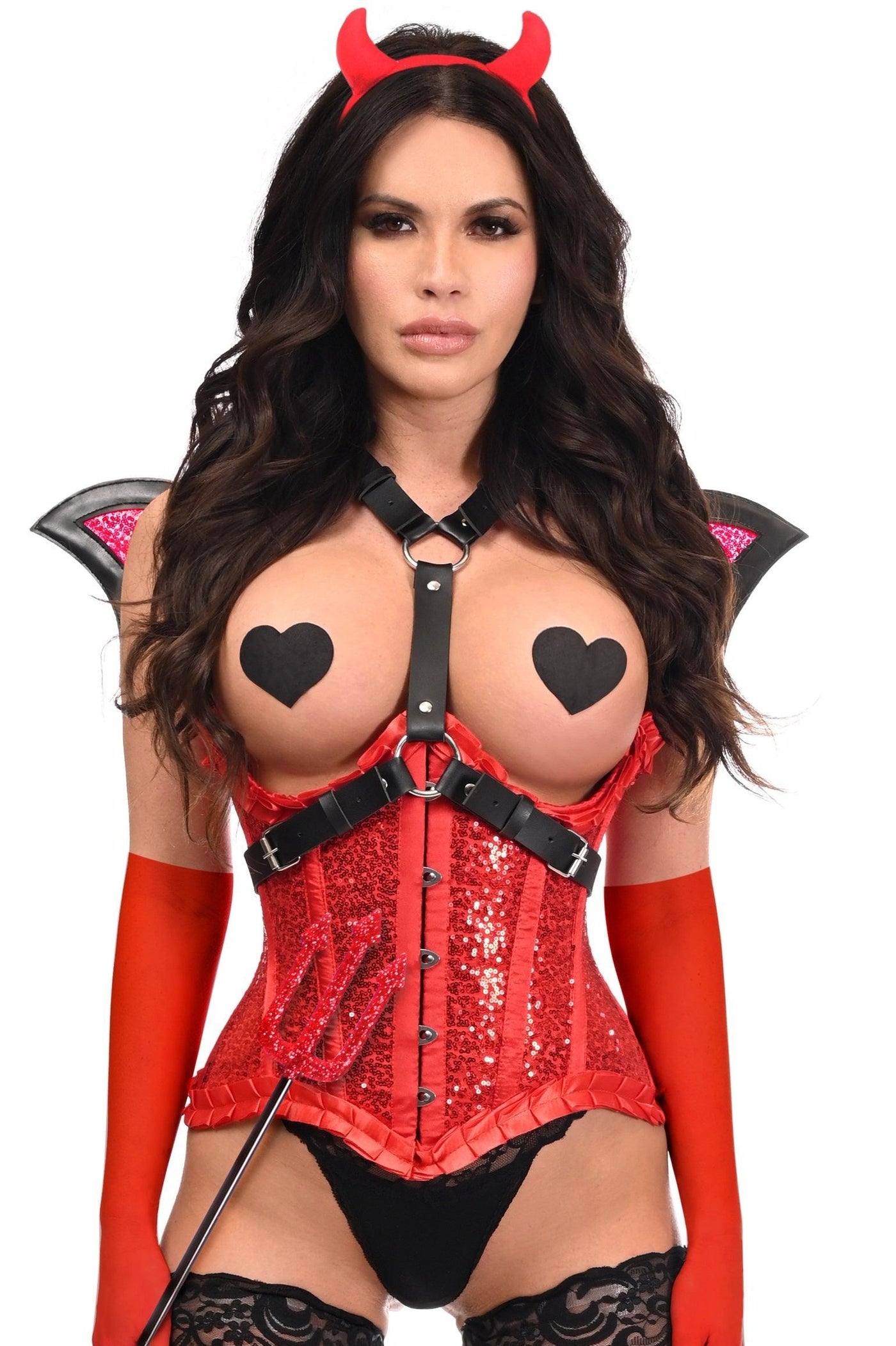 Top Drawer 5 PC Red Sequin Devil Harness Corset Costume - AMIClubwear
