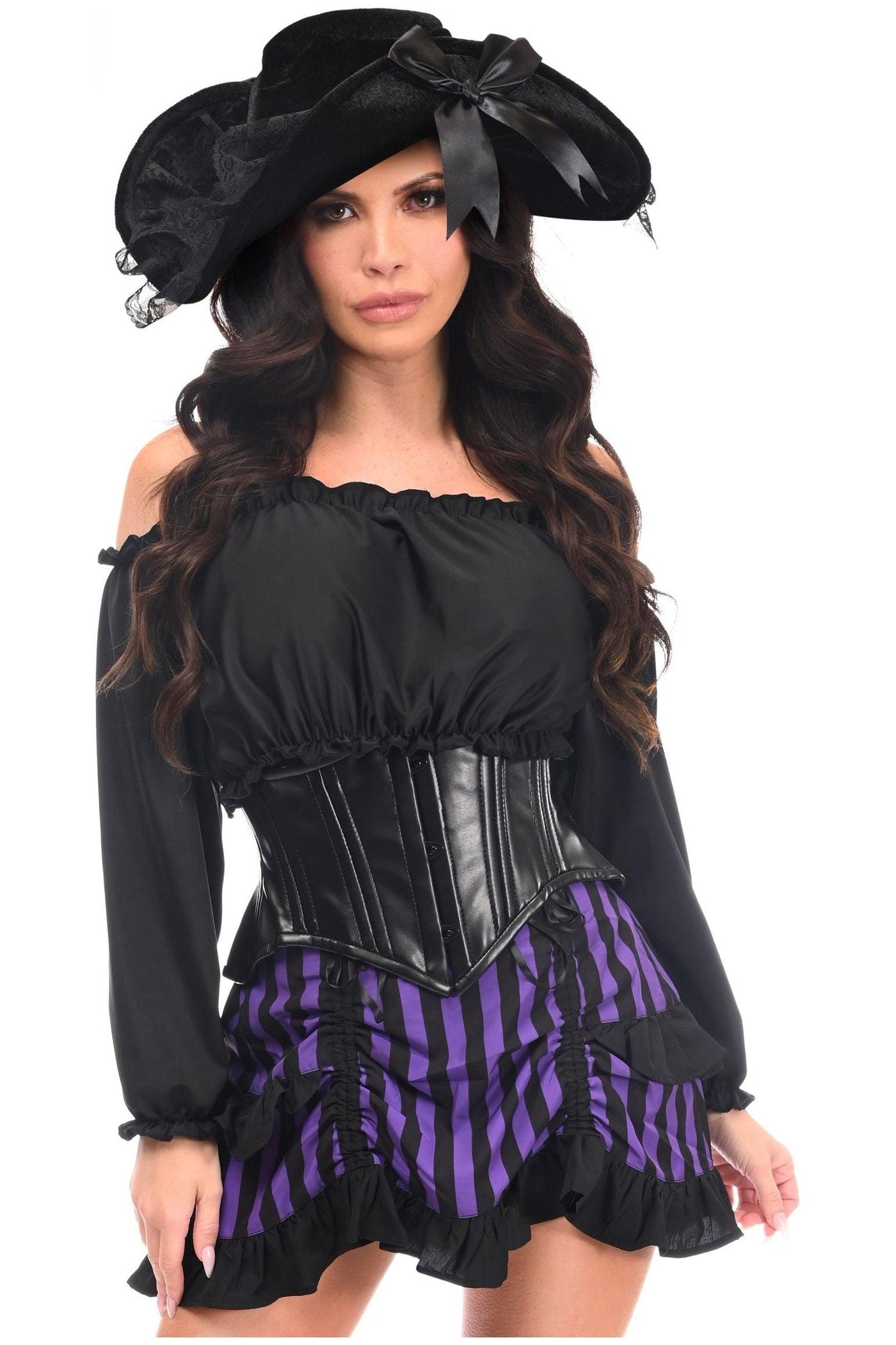 Top Drawer 4 PC Black/Purple Striped Premium Pirate Corset Costume - AMIClubwear