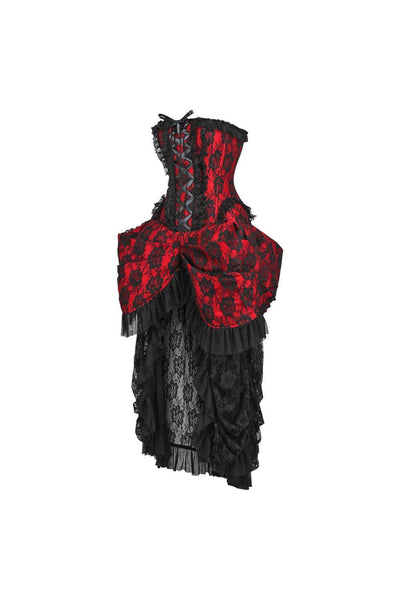 Top Drawer Steel Boned Red w/Black Lace Bustle Corset Dress - AMIClubwear
