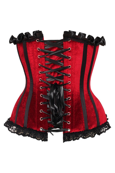 Top Drawer Dark Red Velvet Steel Boned Burlesque Corset - AMIClubwear