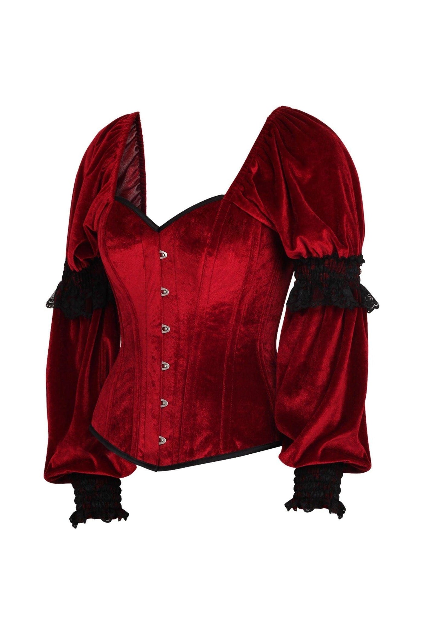 Top Drawer Dark Red Velvet Steel Boned Long Sleeve Corset - AMIClubwear