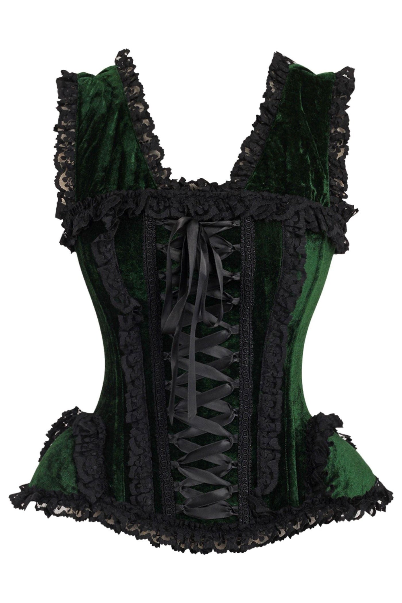 Top Drawer Dark Green Velvet & Lace Steel Boned Corset w/Cap Sleeves - AMIClubwear