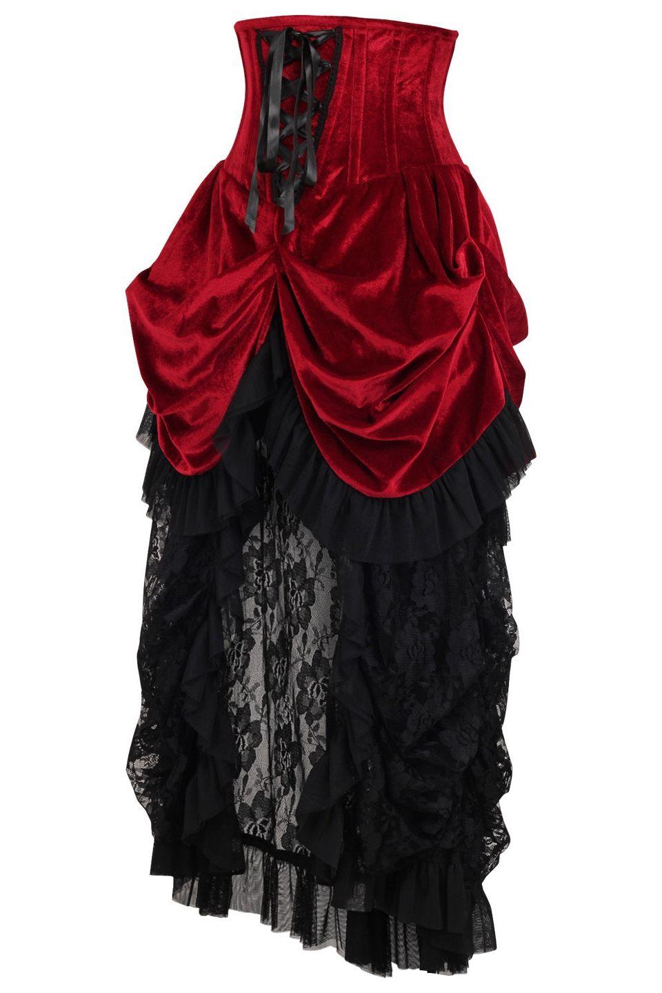 Top Drawer Steel Boned Dark Red Velvet Victorian Bustle Underbust Corset Dress - AMIClubwear