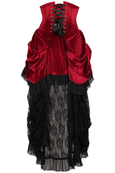 Top Drawer Steel Boned Dark Red Velvet Victorian Bustle Underbust Corset Dress - AMIClubwear