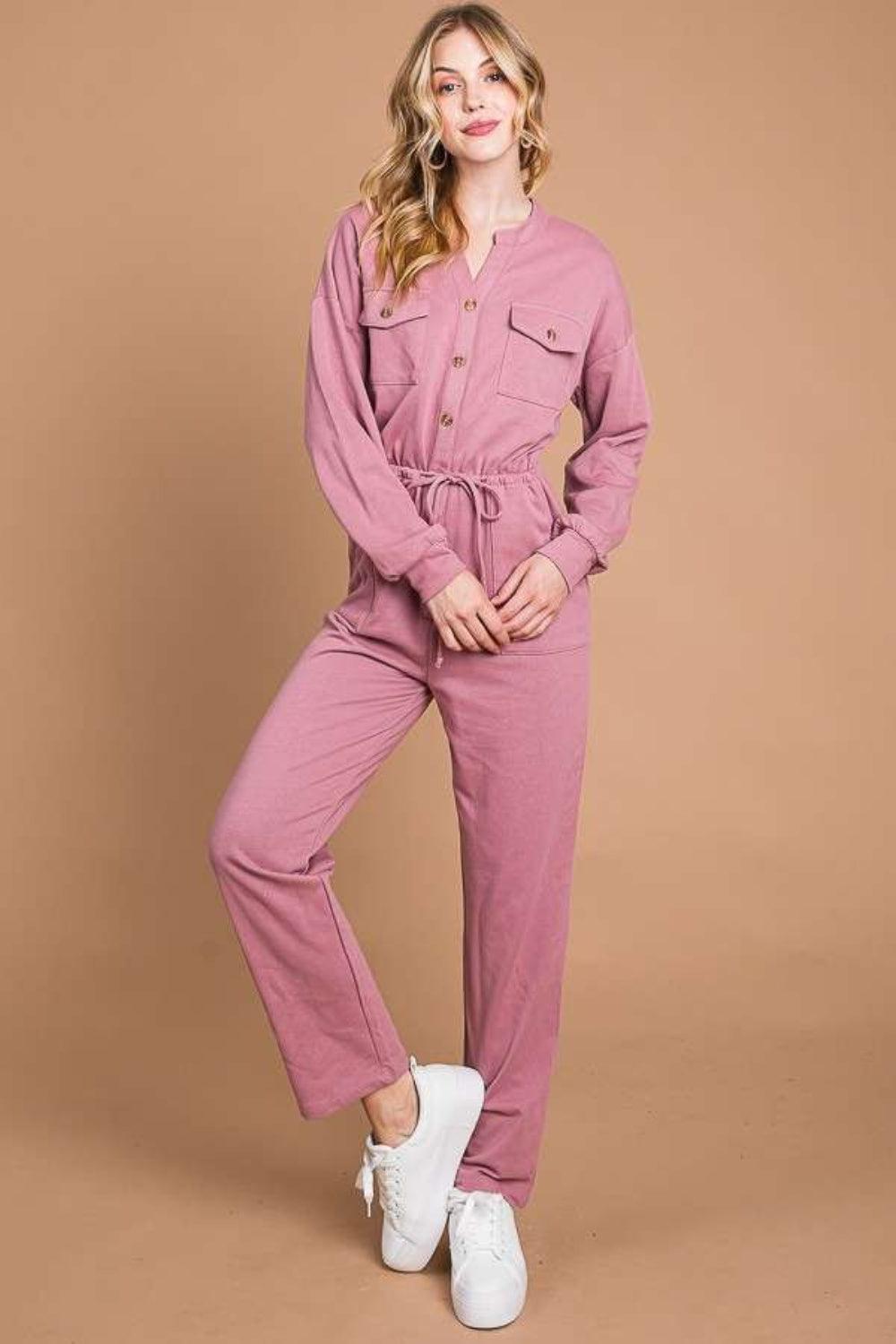 Culture Code Full Size Button Up Drawstring Waist Straight Jumpsuit - AMIClubwear