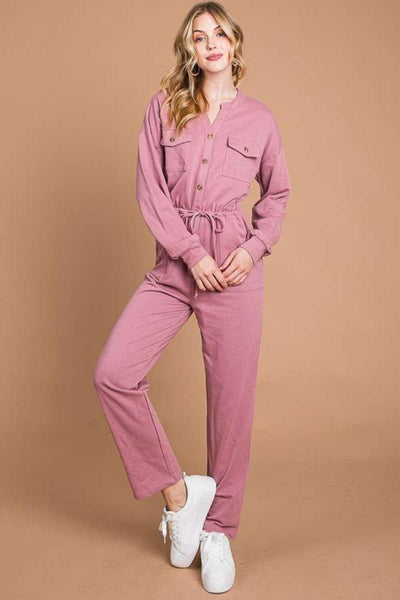 Culture Code Full Size Button Up Drawstring Waist Straight Jumpsuit - AMIClubwear