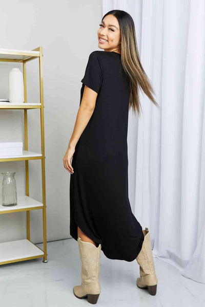 HYFVE V-Neck Short Sleeve Curved Hem Dress in Black - AMIClubwear
