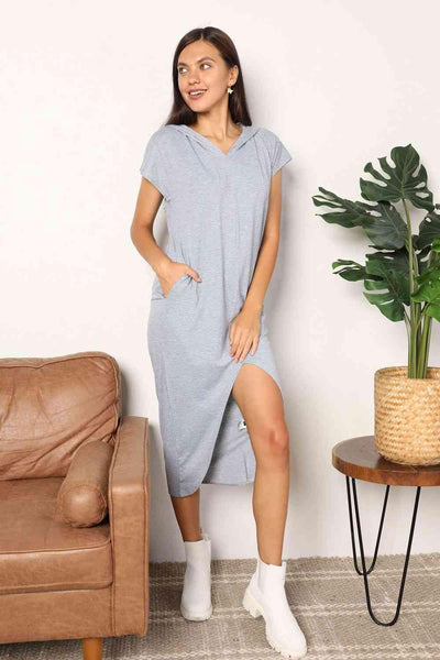Double Take Short Sleeve Front Slit Hooded Dress - AMIClubwear