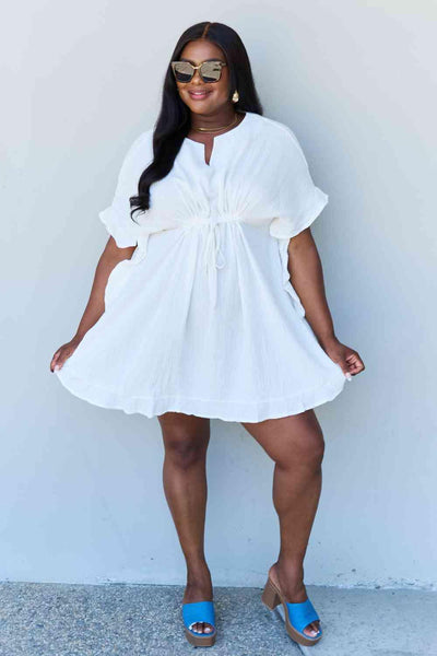 Ninexis Out Of Time Full Size Ruffle Hem Dress with Drawstring Waistband in White - AMIClubwear