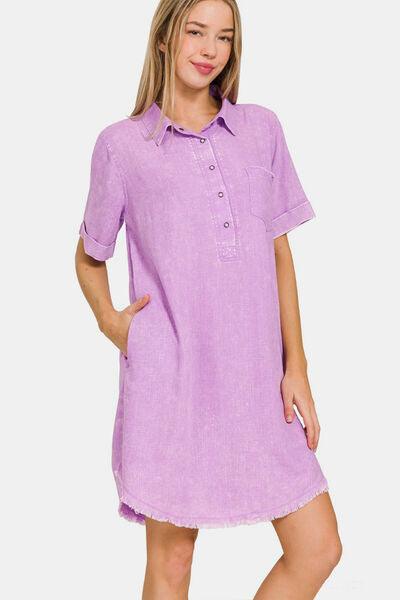 Zenana Washed Linen Raw Hem Dress with Pockets - AMIClubwear