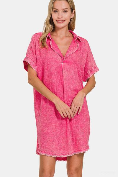 Zenana Washed Linen V-Neck Raw Hem Dress - AMIClubwear