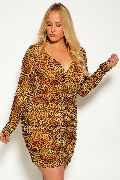 Amber Leopard Print long Sleeve Knotted Detail Ruched Plus Size Dress - AMIClubwear