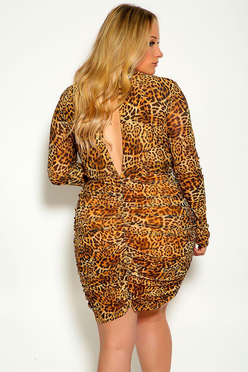 Amber Leopard Print long Sleeve Knotted Detail Ruched Plus Size Dress - AMIClubwear