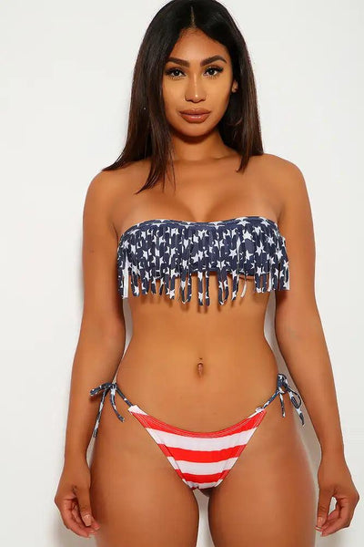 America Flag Ruffled Bandeau Top Two Piece Swim Suit - AMIClubwear