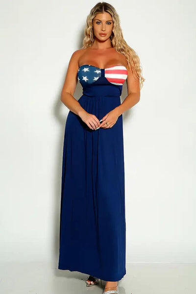 American Flag  Print Detail Strapless Navy Maxi Dress - AMIClubwear