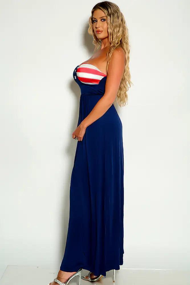 American Flag  Print Detail Strapless Navy Maxi Dress - AMIClubwear