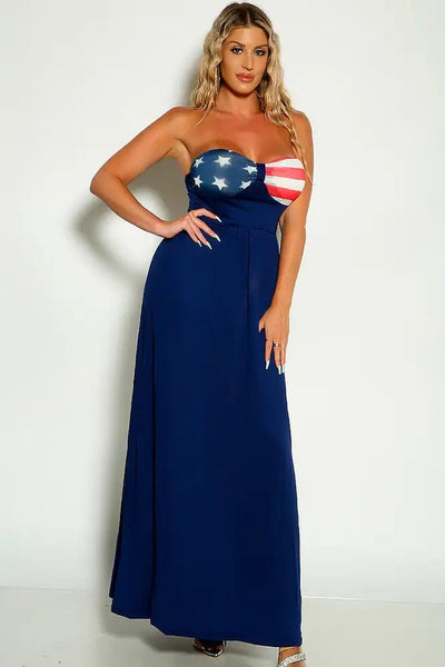 American Flag  Print Detail Strapless Navy Maxi Dress - AMIClubwear