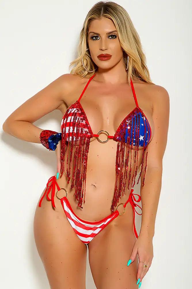 American Flag Print Red Fringe Sequin O-Ring Two Piece Swimsuit - AMIClubwear