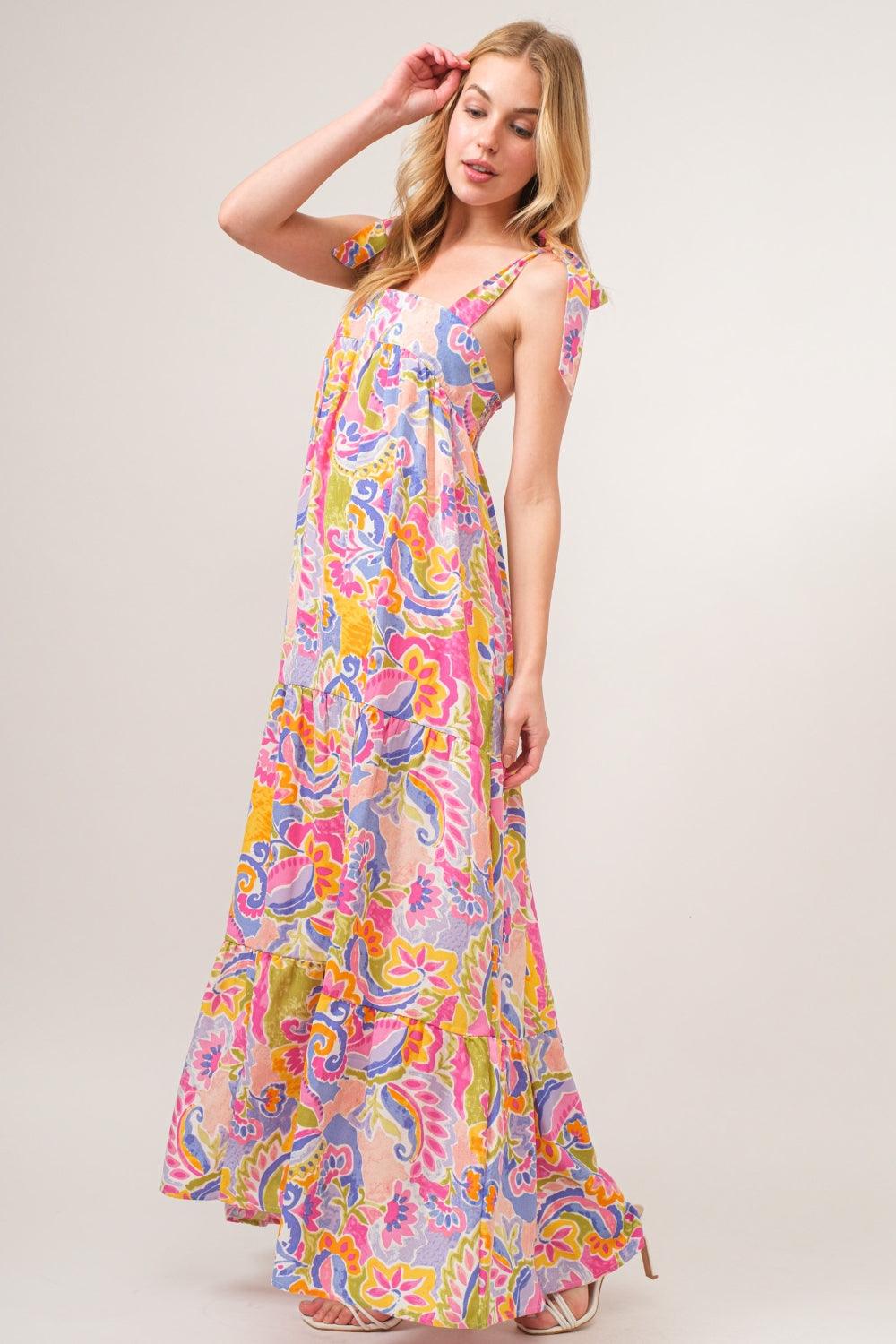 And The Why Full Size Printed Tie Shoulder Tiered Maxi Dress - AMIClubwear